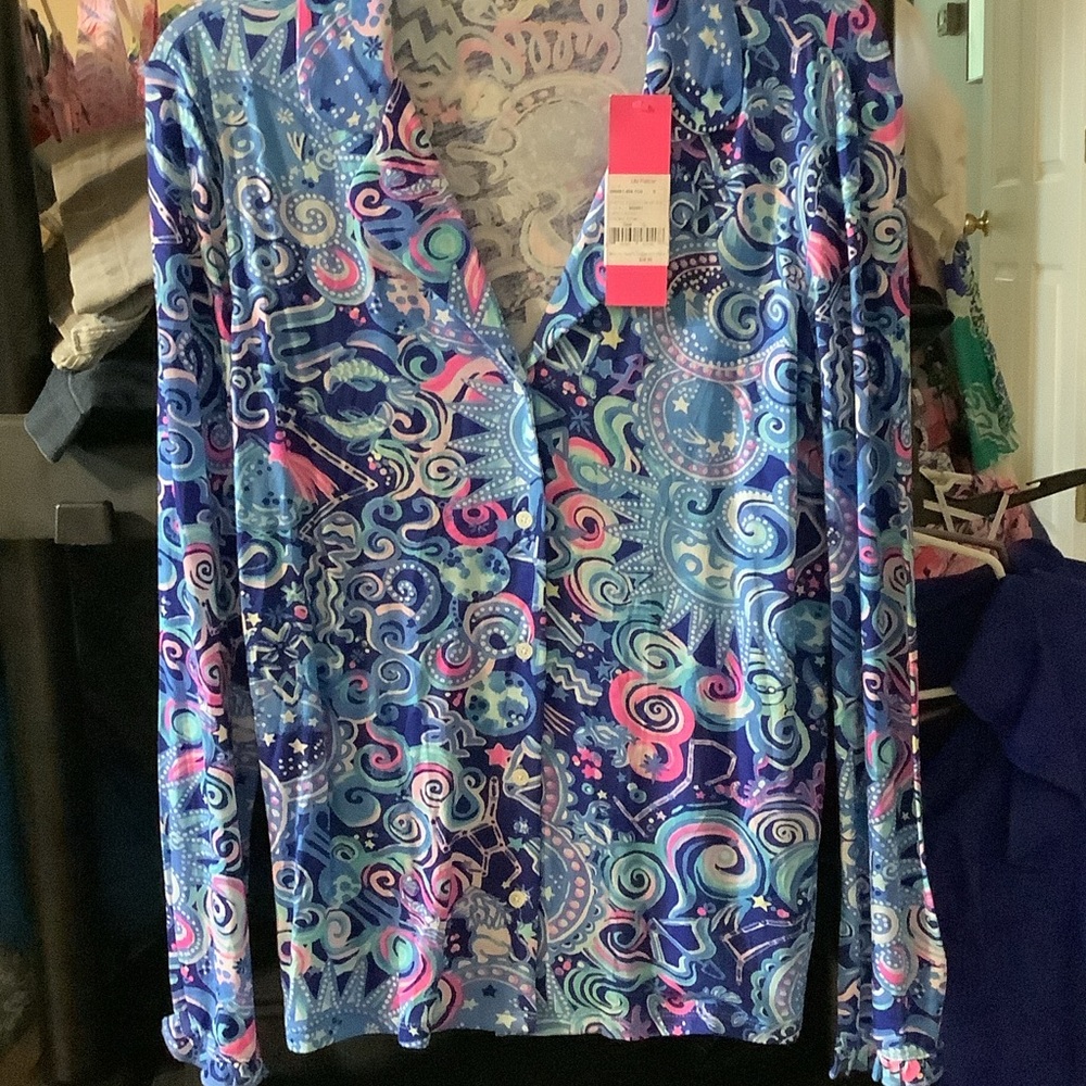 Lilly Pulitzer Swirl Pajama Buttonup topin Blue and Pink, S, Ruffle  Lapis Lazul